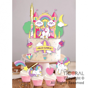 ESCENOGRAFIA PARA DECORAR TORTAS Y CUPCAKES UNICORNIO (15 UNIDADES + 1 BENGALA)